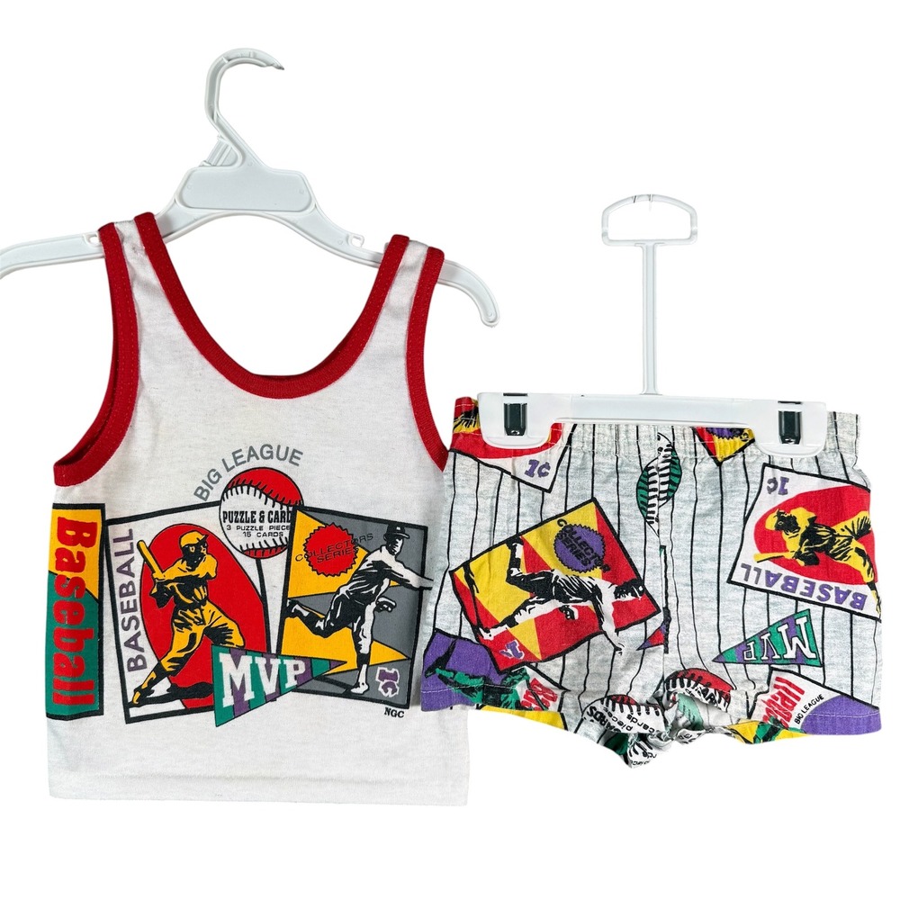 Kardoo Baseball Tank and Shorts Set Kids 2T White Vintage Made in USA Graphic